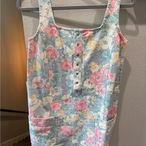 Sezane denim floral sundress in pastel blue, pink, green